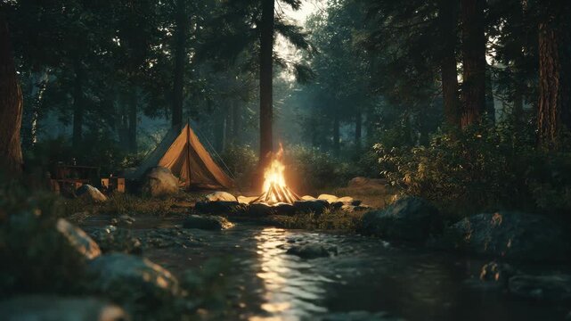 Summer forest with campfire, tent and river. Relaxing nature animation for meditation, background video and peaceful atmosphere