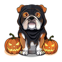 Scary Bulldog In Black Hood Costume With Glowing Halloween Pumpkins Cartoon Illustration