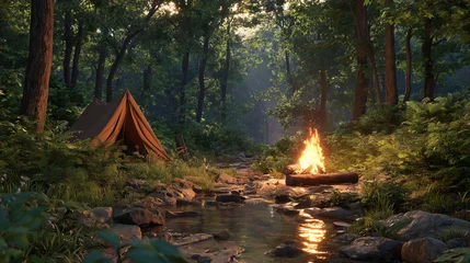 Fototapete Krankenhaus Summer forest with campfire, tent and river. Relaxing nature animation for meditation, background video and peaceful atmosphere  © Alla