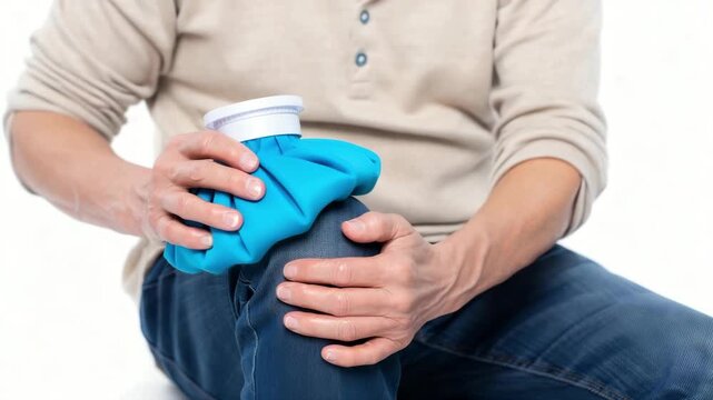 Man applying ice pack, knee pain relief, cold therapy treatment, injury recovery, joint inflammation, home remedy, orthopedic care, muscle soreness, medical concept, physical discomfort