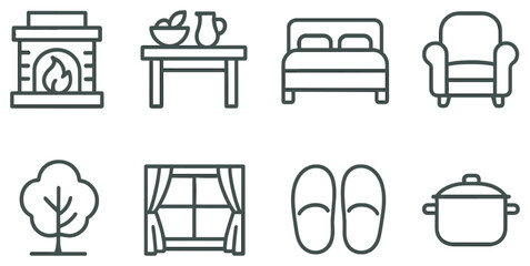 Home essentials linear icon set. featuring fireplace, dining table, bed, armchair, tree, window, slippers, pot