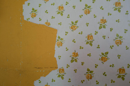 Faded and peeling yellow wallpaper and paint in an old abandoned home