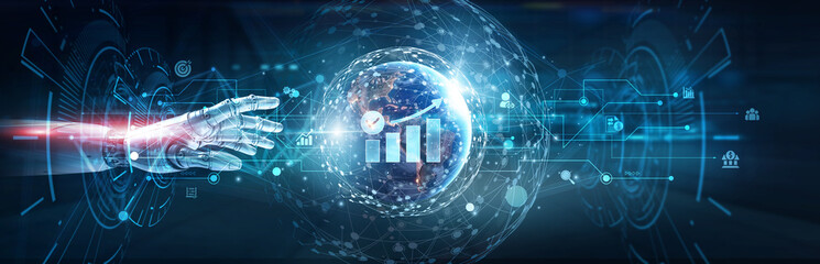 Hands of robot touch on accountability network and compliance management, ethical governance, decision-making transparency, risk mitigation strategies, corporate responsibility, digital trust systems.