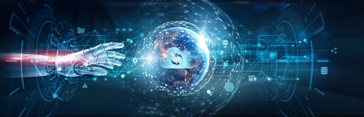 Hands of robot touch on backup network and data protection, disaster recovery systems, cloud storage solutions, secure file management, cybersecurity strategies for business continuity.