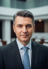 Fototapeta premium Middle-aged man in suit, shirt and tie. professional attire and composed demeanor, leadership, reliability, and approachability. portrait for business, corporate, or political themes