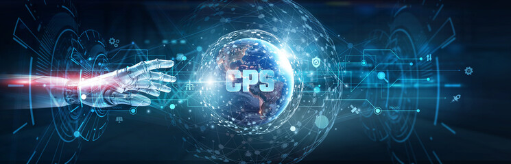 Hands of robot touch on CPS network and industrial automation, IoT integration, real-time control, system security, predictive maintenance, smart technology for connected devices.