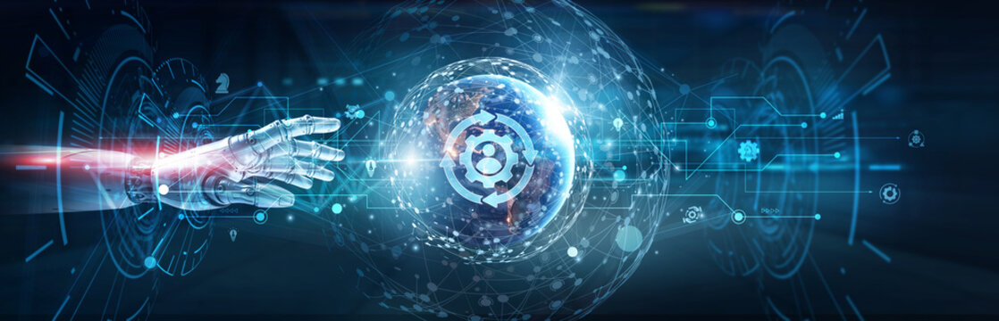 Hands of robot touch on change management network and organizational transformation, workflow adaptation, policy updates, leadership alignment, process restructuring, strategic transition solutions.