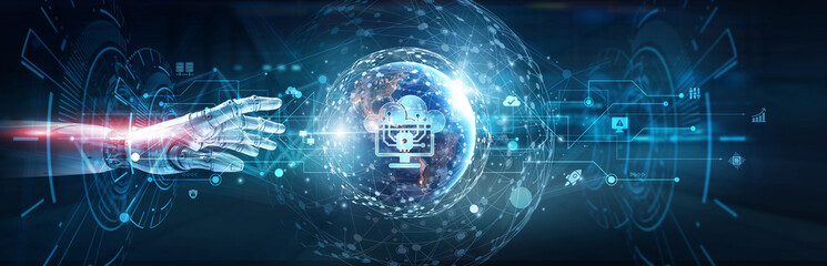 Hands of robot touch on edge computing network and real-time data processing, low latency applications, decentralized infrastructure, intelligent analytics systems, next-generation computing solutions