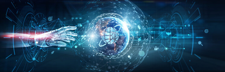 Hands of robot touch on global business network and international trade systems, cross-border collaboration, market expansion strategies, economic growth platforms, strategic partnership integrations.