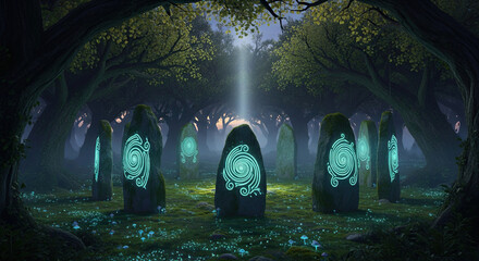 Ancient Forest Monoliths Illuminating Mystical Forest Ritual