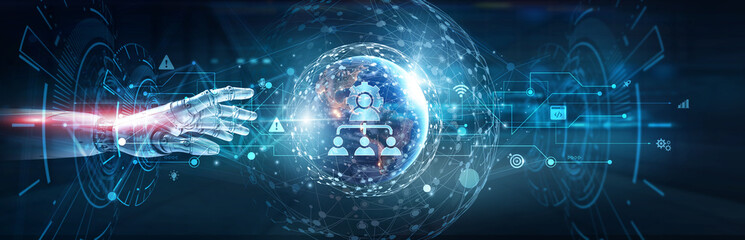 Naklejka premium Hands of robot touch on network administration network and system monitoring, performance optimization, security implementation, troubleshooting protocols, enterprise IT infrastructure.