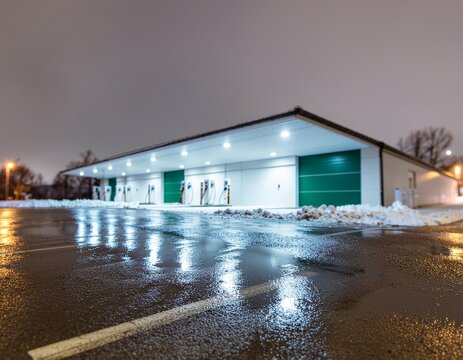 Clean winter view of electric vehicle charging hub, ideal for energy and transport topics.