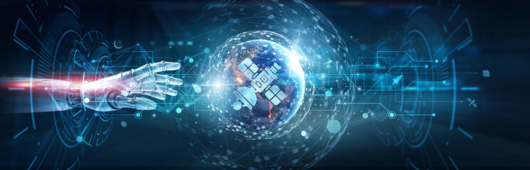 Hands of robot touch on space technology network and satellite communication, orbital research, interstellar innovation, aerospace systems, planetary exploration, advanced scientific engineering