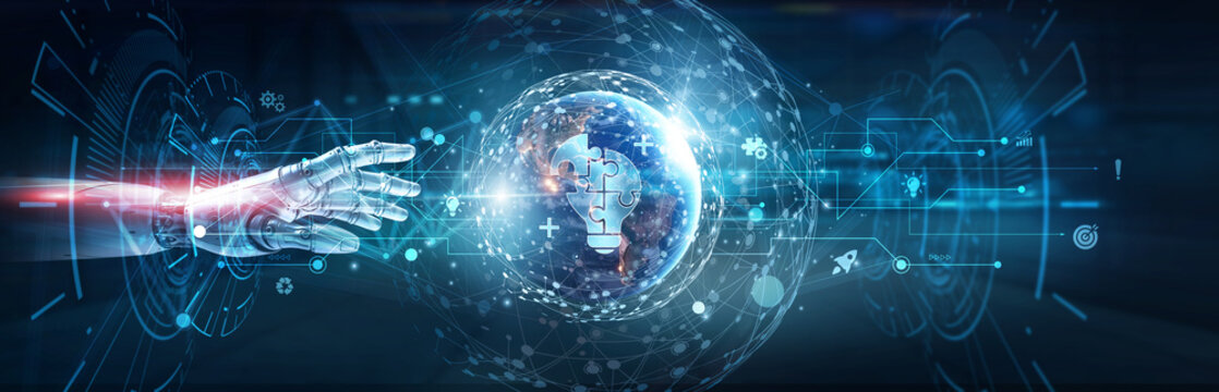 Hands of robot touch on solutions network and problem-solving frameworks, business process improvement, digital transformation, strategic implementation, client-focused services