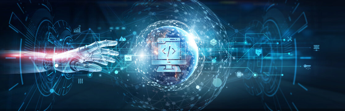 Hands of robot touch on web development network and responsive design, coding frameworks, front-end and back-end integration, application programming, user experience enhancement, digital innovation