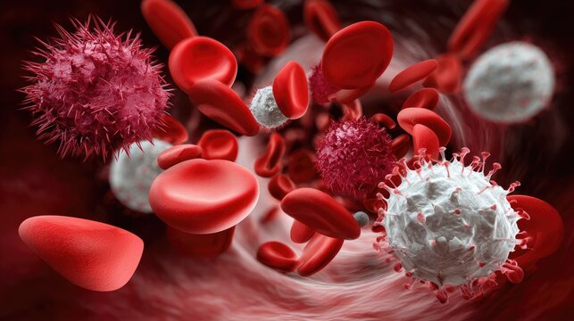 Blood cancer focus: cancer cell, red erythrocyte, hematopoietic system, disease progression, cellular mutation, marrow disorder, immune response, plasma shift, medical condition, chronic impact,