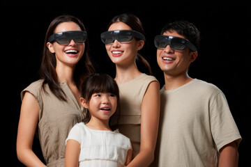 joyful family wearing ar glasses celebrates festive occasion under stunning virtual fireworks display