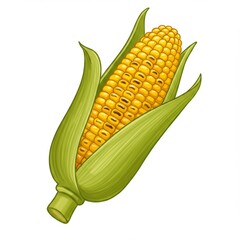 Detailed Ear of Corn with Green Husks Isolated on White Background