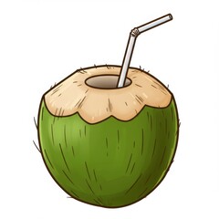 Obraz premium Green Coconut with Straw Fresh Tropical Drink Isolated on White Background