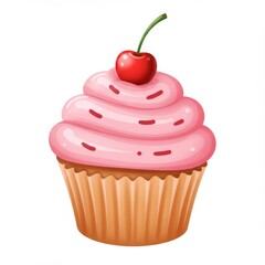 Pink Frosted Cupcake Topped with Cherry on White Background Graphic Dessert
