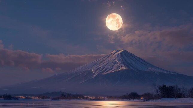 A hyper realistic cinematic night scene of Mount Fuji illuminated by a giant full moon, moonlight reflecting on the snowy peak and shimmering lake