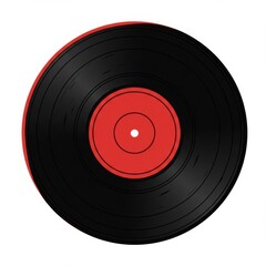 Black Vinyl Record with Red Center on White Background Representing Music