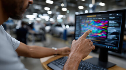 Fototapeta premium This image depicts a man analyzing complex data on a computer screen in an industrial environment, reflecting the integration of technology in modern manufacturing and decision-making processes.