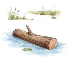 Floating Log in Calm Water among Cattails and Lush Green Vegetation Illustration