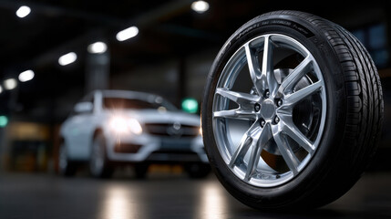 A detailed close-up of a shiny alloy wheel and tire set against a blurred background of a luxury car, highlighting designs and craftsmanship in automotive engineering.