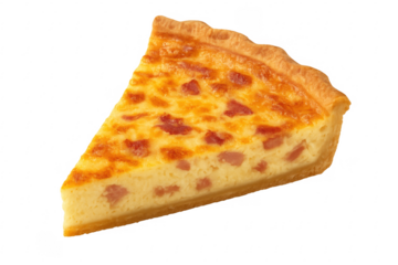 Slice of quiche lorraine showing crust and filling on transparent background
