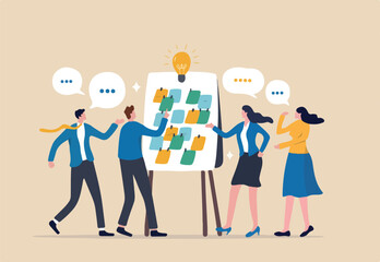 Workshop or business discussion, meeting or brainstorm new idea, training course class, Q and A, question and answer chat, business people in workshop meeting room with whiteboard and sticky notes.