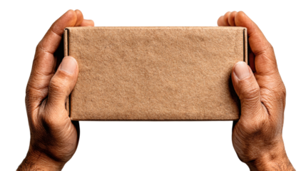Isolated image of hands holding a plain brown cardboard box against white background demonstrating package delivery