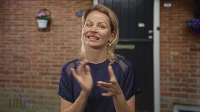 Woman claps hands outside brick building entrance in casual blue shirt under hanging planter; happiness.