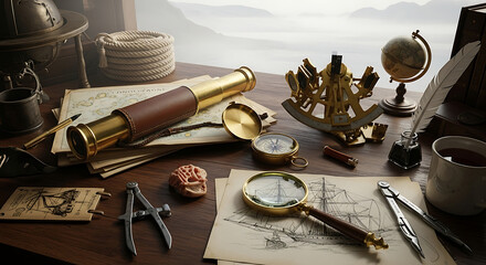 A nautical themed desk with a telescope compass sextant and other navigational tools on a wooden surface ai generated