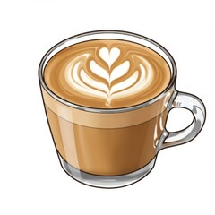 Latte Art with Heart Shape Design in Clear Glass Cup Isolated on White Background