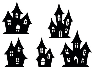 Halloween haunted house silhouette icons set. featuring spooky houses symbols