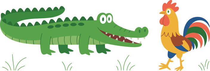 Obraz premium cartoon crocodile, colorful rooster, animal illustration, children design, cute characters, playful scene, grass background, smiling animals