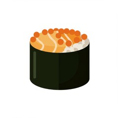 Sushi Roll with Salmon and Roe Garnished with Seaweed in Isolated White Backdrop