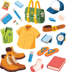 Cartoon travel essentials vector illustration, adventure gear items for hiking, camping, backpacking, outdoor trips, summer vacation packing
