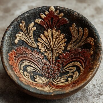 Hand tooled floral carvings on soapstone bowl high resolution picture