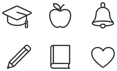 Education linear icon set. featuring graduation cap, apple, bell, pencil, book, and heart symbols