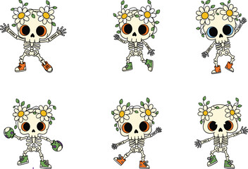 Cute flower skeleton characters with big eyes, floral crowns, dancing poses, colorful shoes, cartoon style, Halloween theme illustration