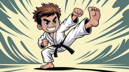 Energetic boy performing high karate kick, black belt martial arts pose, dynamic action, powerful kid cartoon, martial arts illustration © Bokul Creatives