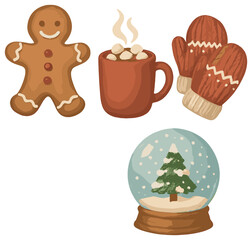 Christmas 3d icons set. featuring gingerbread, hot cocoa, mittens, and snow globe