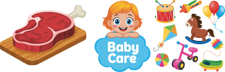 Raw steak meat on wooden cutting board, smiling baby with baby care sign, colorful children toys, balloons, tricycle, kite, drum