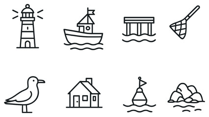 Naklejka premium Marine life linear icon set. featuring lighthouse, boat, dock, net, bird, house, buoy, and rocks