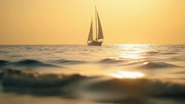 Mirage of sailboat masts in the sea beyond the horizon. Ship sailing in the sea. Small waves on the golden surface of warm water with bokeh lights from the sun. Sea, nature and outdoor travel.