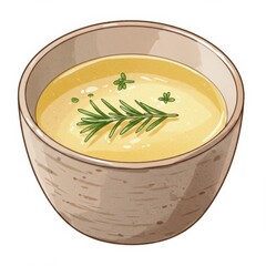 Creamy Yellow Soup with Rosemary Sprig in Rustic Ceramic Bowl on White