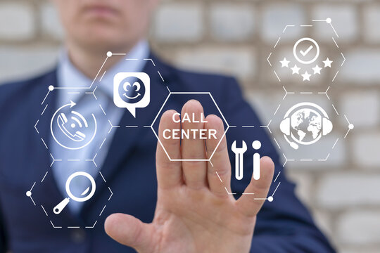 Business person using virtual touch screen presses the inscription CALL CENTER. Call center 24-7 technical support customer service internet business concept. - Powered by Adobe