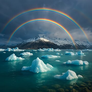 Glacier Lagoon with Double Rainbow and Icebergs